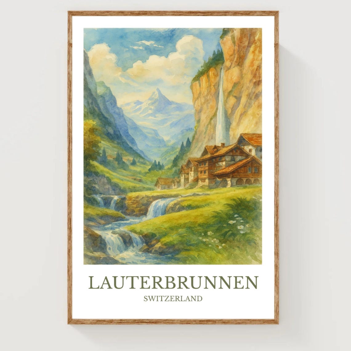 Lauterbrunnen Switzerland Waterfall Valley Chalets Watercolor Poster
