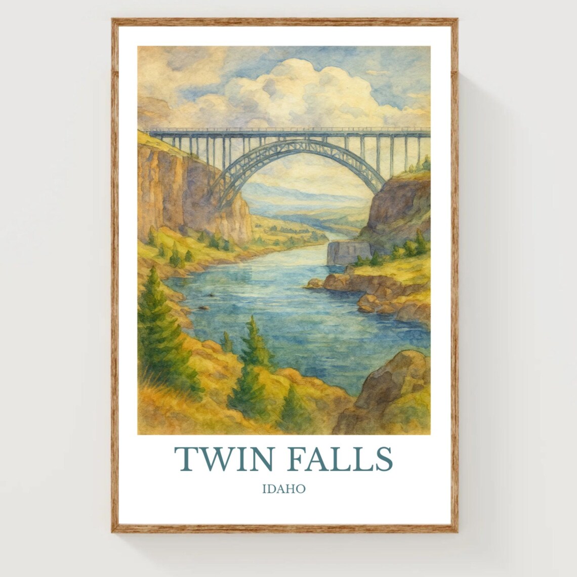 Twin Falls Idaho Canyon Bridge River Watercolor Travel Poster