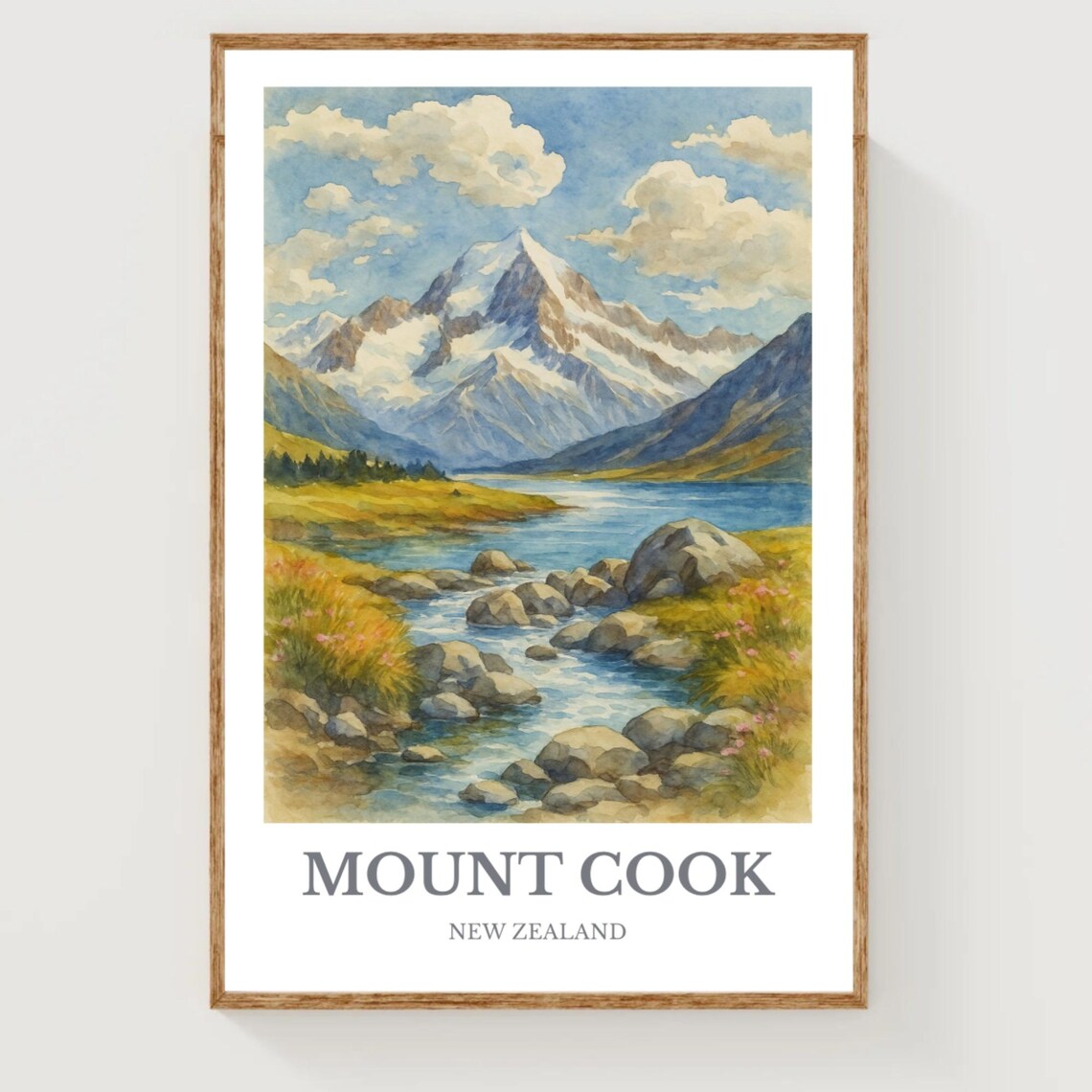 Mount Cook New Zealand Snow Capped Mountain Watercolor Travel Poster Art