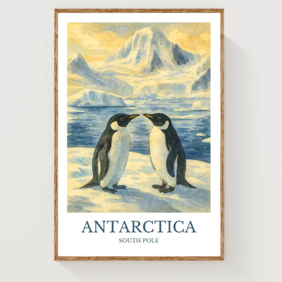 Antarctica South Pole Gentoo Penguins Watercolor Travel Poster