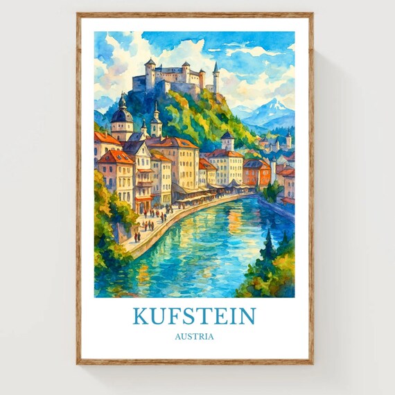 Kufstein Austria Watercolor Travel Poster Hilltop Fortress And River