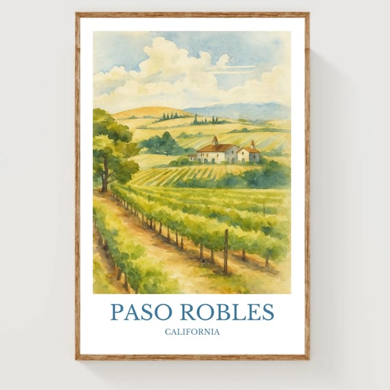 Paso Robles California Vineyard Hills Watercolor Wine Country Poster