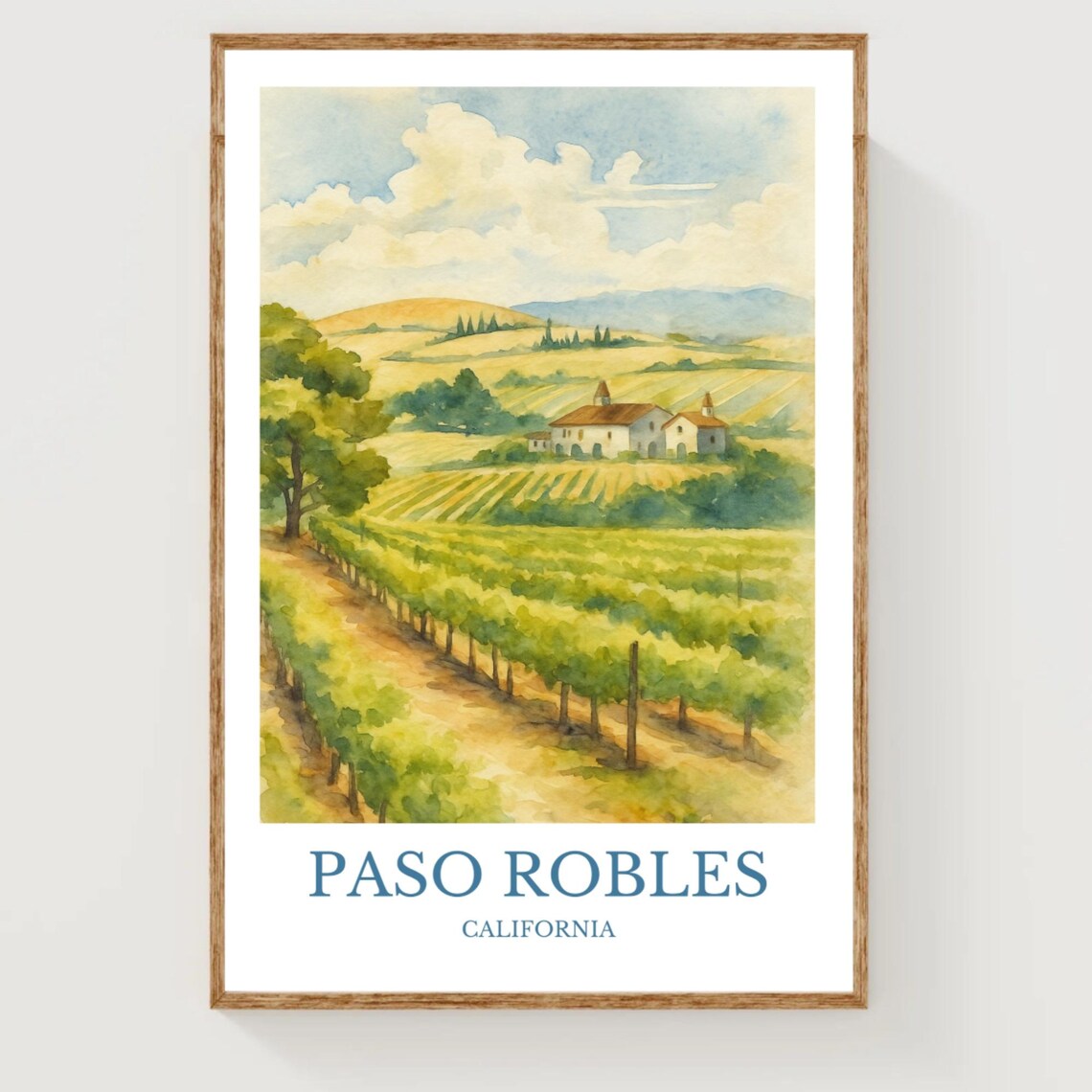 Paso Robles California Vineyard Hills Watercolor Wine Country Poster