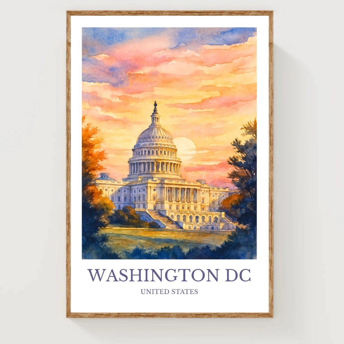 Washington DC Capitol Sunset Pink Sky Watercolor Travel Poster