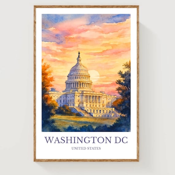 Washington DC Capitol Sunset Pink Sky Watercolor Travel Poster