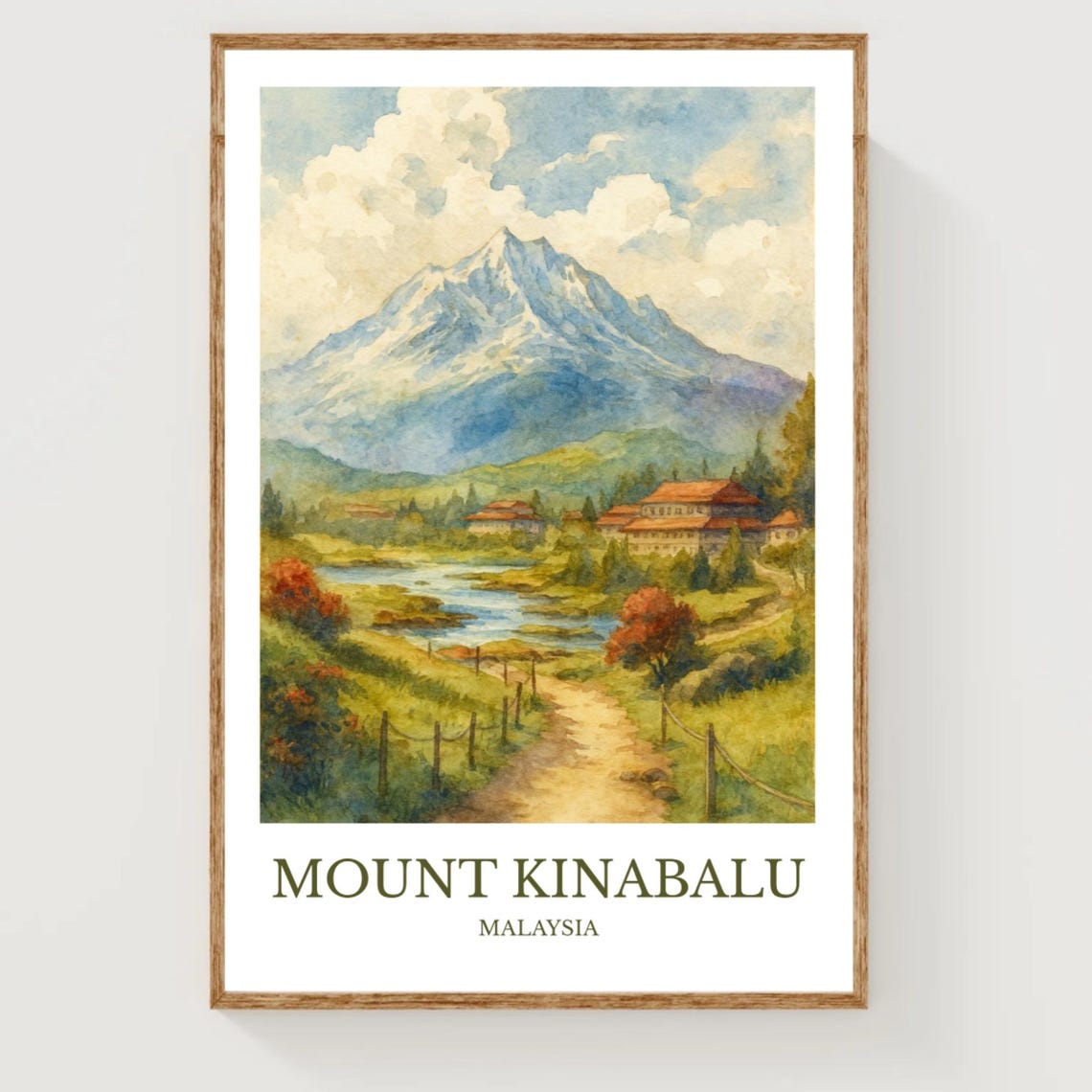 Mount Kinabalu Malaysia Watercolor Mountain Village Riverside Poster