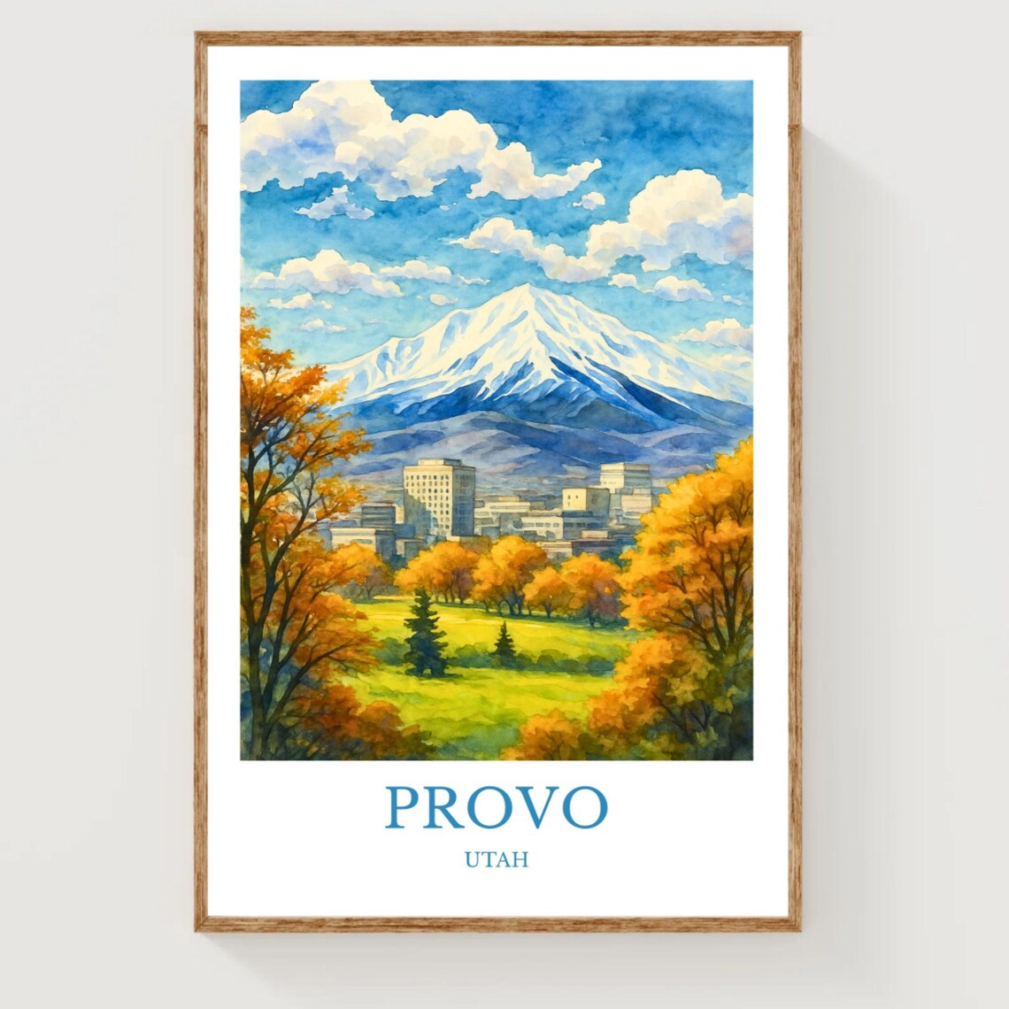 Provo Utah Snowy Mountain Watercolor Travel Poster Autumn Cityscape Art