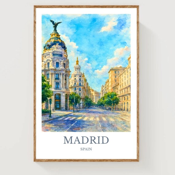 Madrid Spain Travel Poster Watercolor City Street Historic Architecture