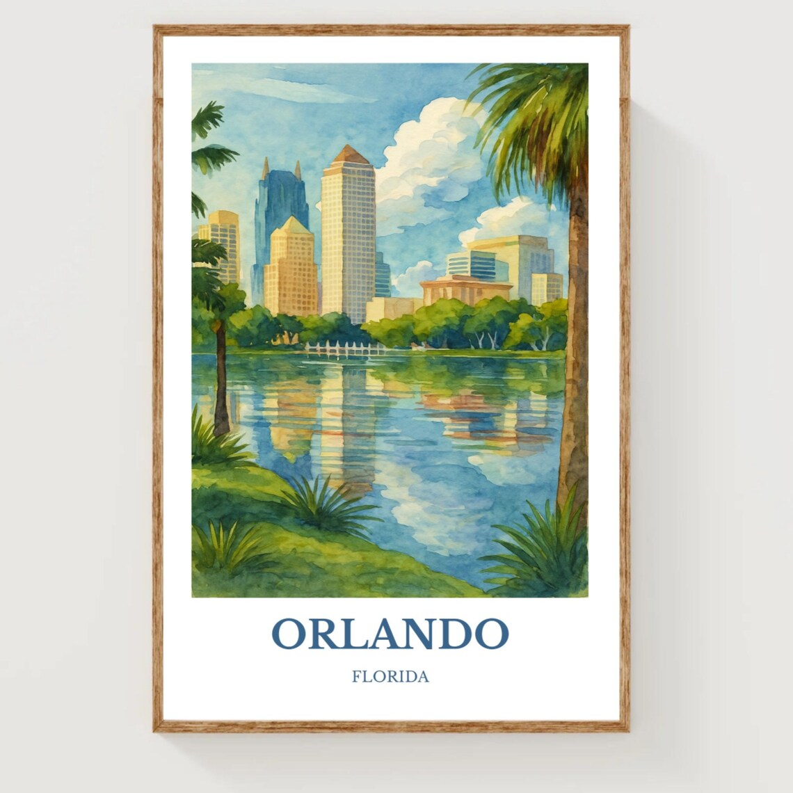 Orlando Florida City Skyline Lake Eola Watercolor Travel Poster