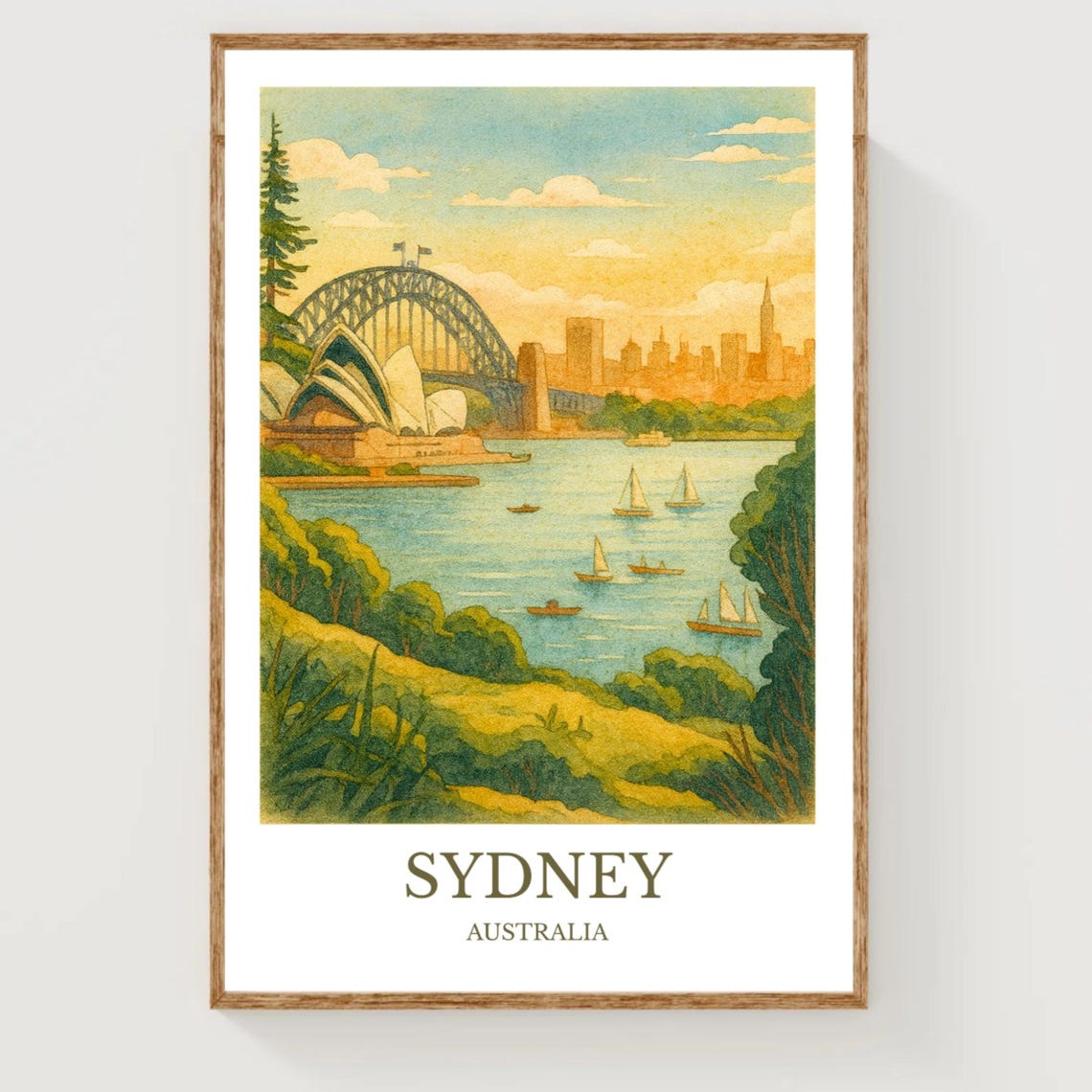 Sydney Australia Watercolor Harbour Opera House Travel Poster