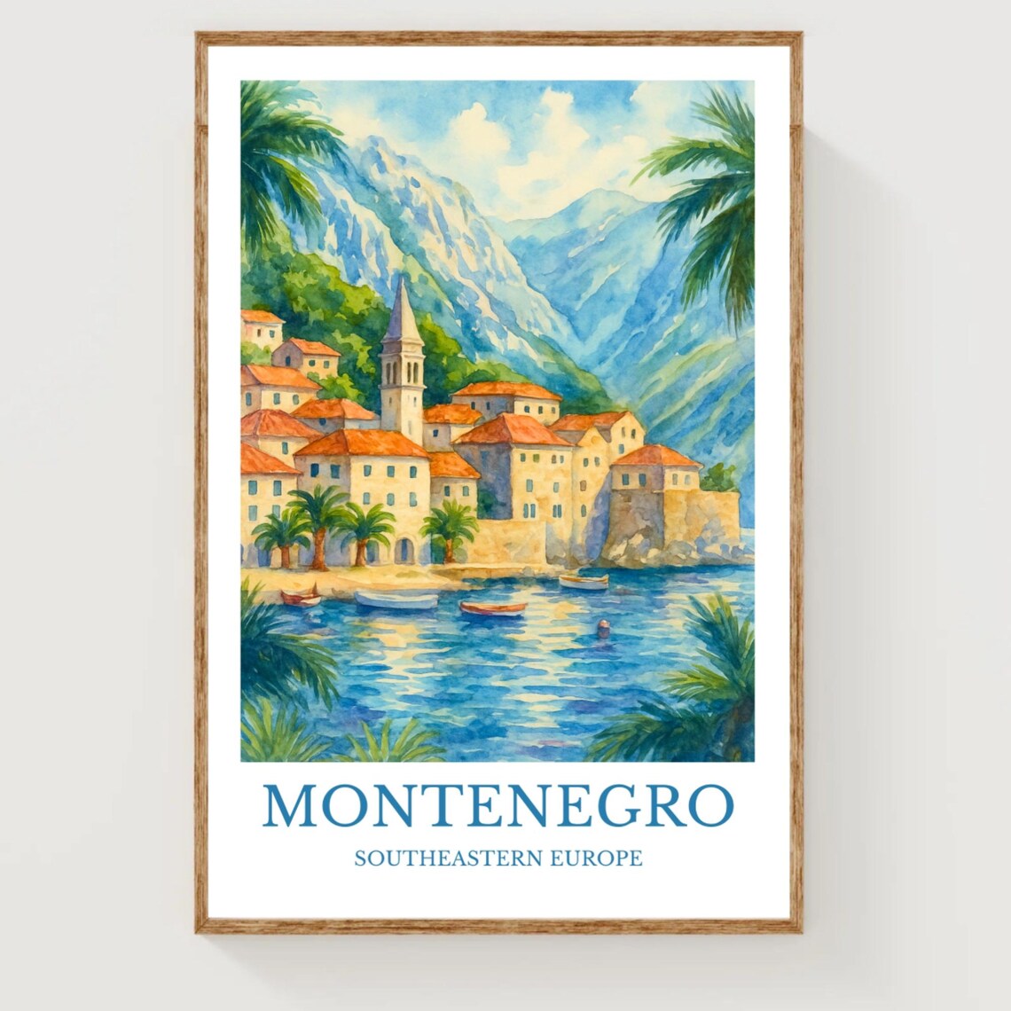 Montenegro Southeastern Europe Coastal Town Mountains Watercolor Poster