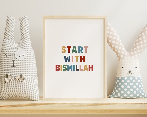 Start With Bismillah Colorful Kids Islamic Nursery Room Poster