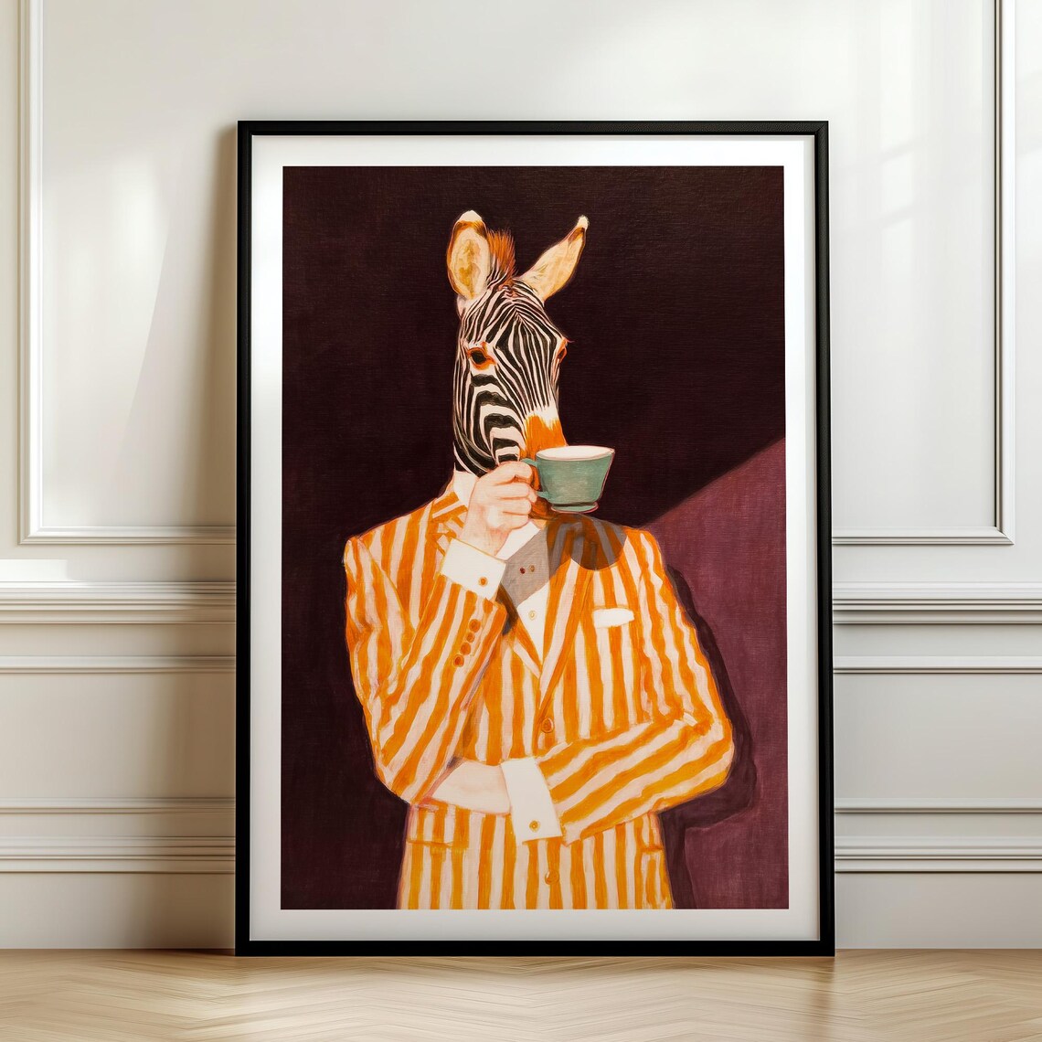 Zebra Drinking Coffee Mid-Century Modern Poster