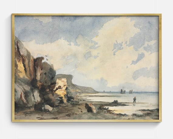 Rocky Beach Cliffs Tide Pools Vintage Watercolor Coastal Landscape Poster
