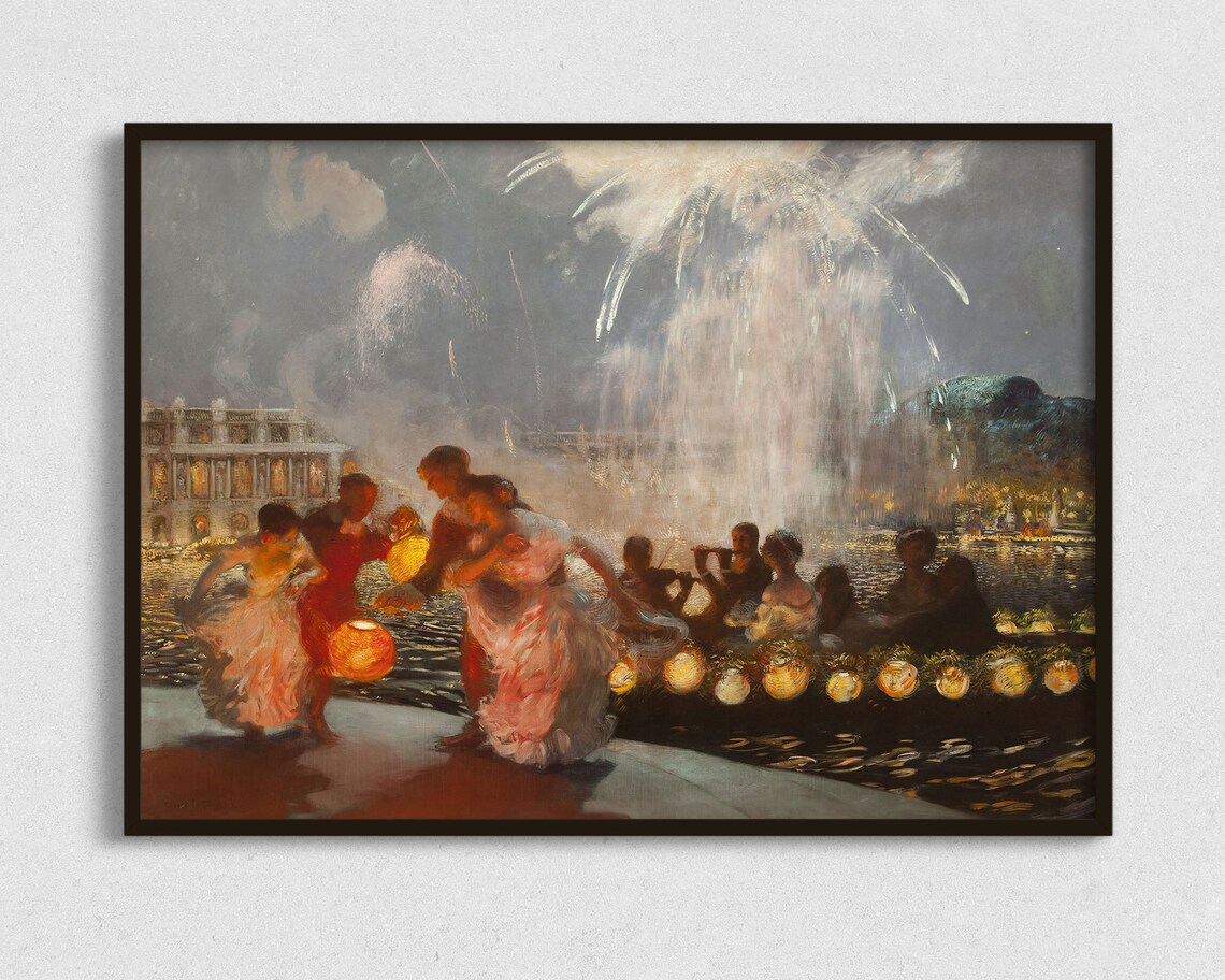 Vintage Party Fireworks Art Print, Antique Celebration