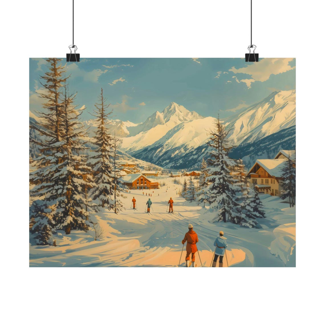 Retro Ski Resort Painting Snow Covered Mountains And Chalets Print