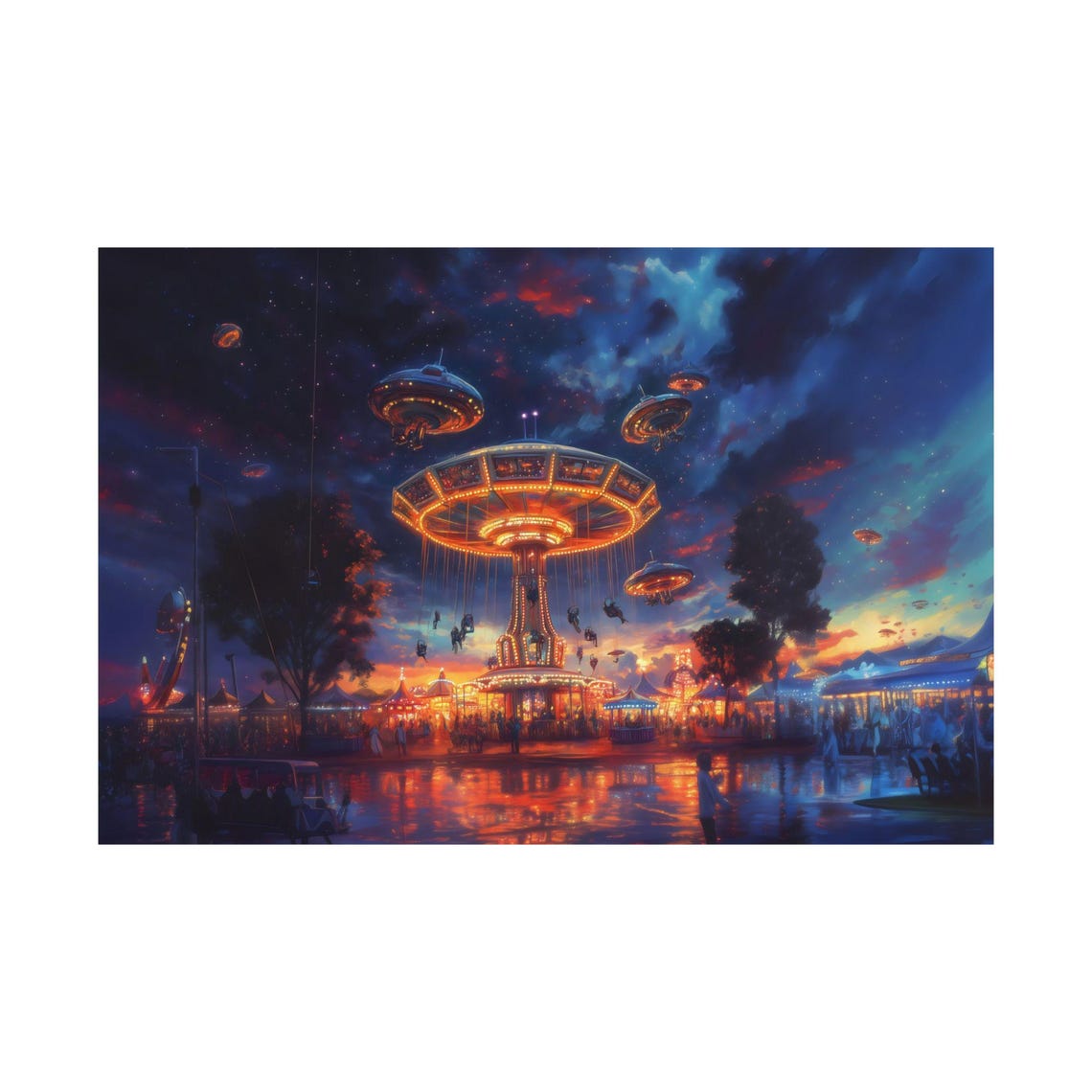 Night Carnival with Flying Saucers Glow Retro Futuristic Fair Poster - Image 3