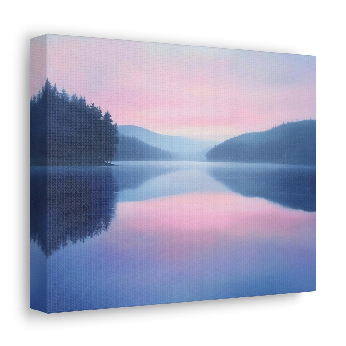 Morning Misty Lake Sunrise Pink Reflection Pine Forest Print - Image 3