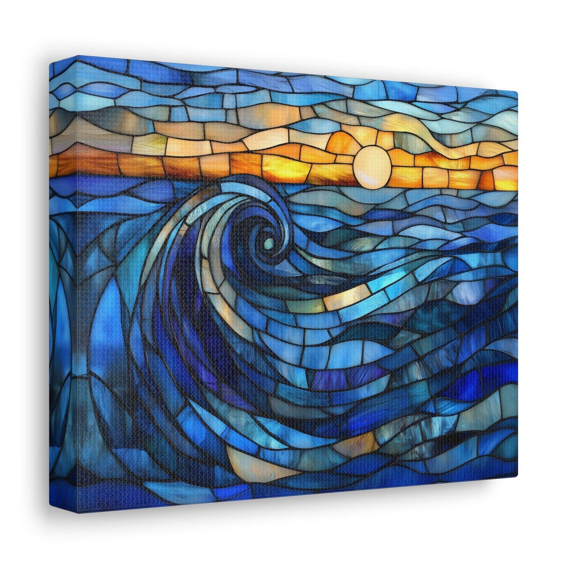 Large Stained Glass Blue Ocean Wave Under Golden Sunset Poster - Image 2