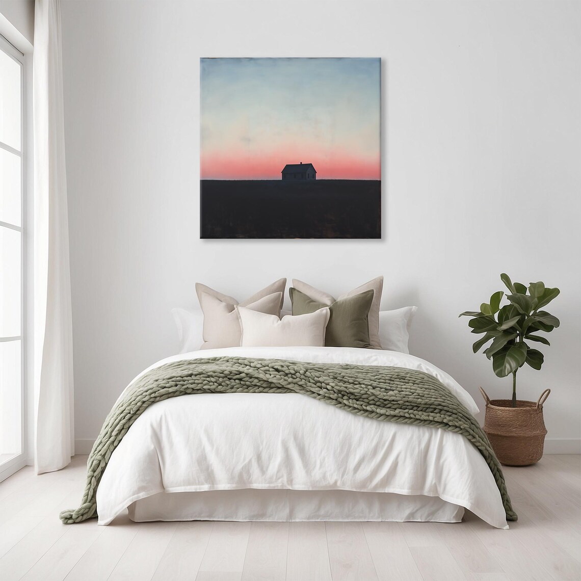Solitary House Silhouette Soft Pink Horizon Calm Evening Print