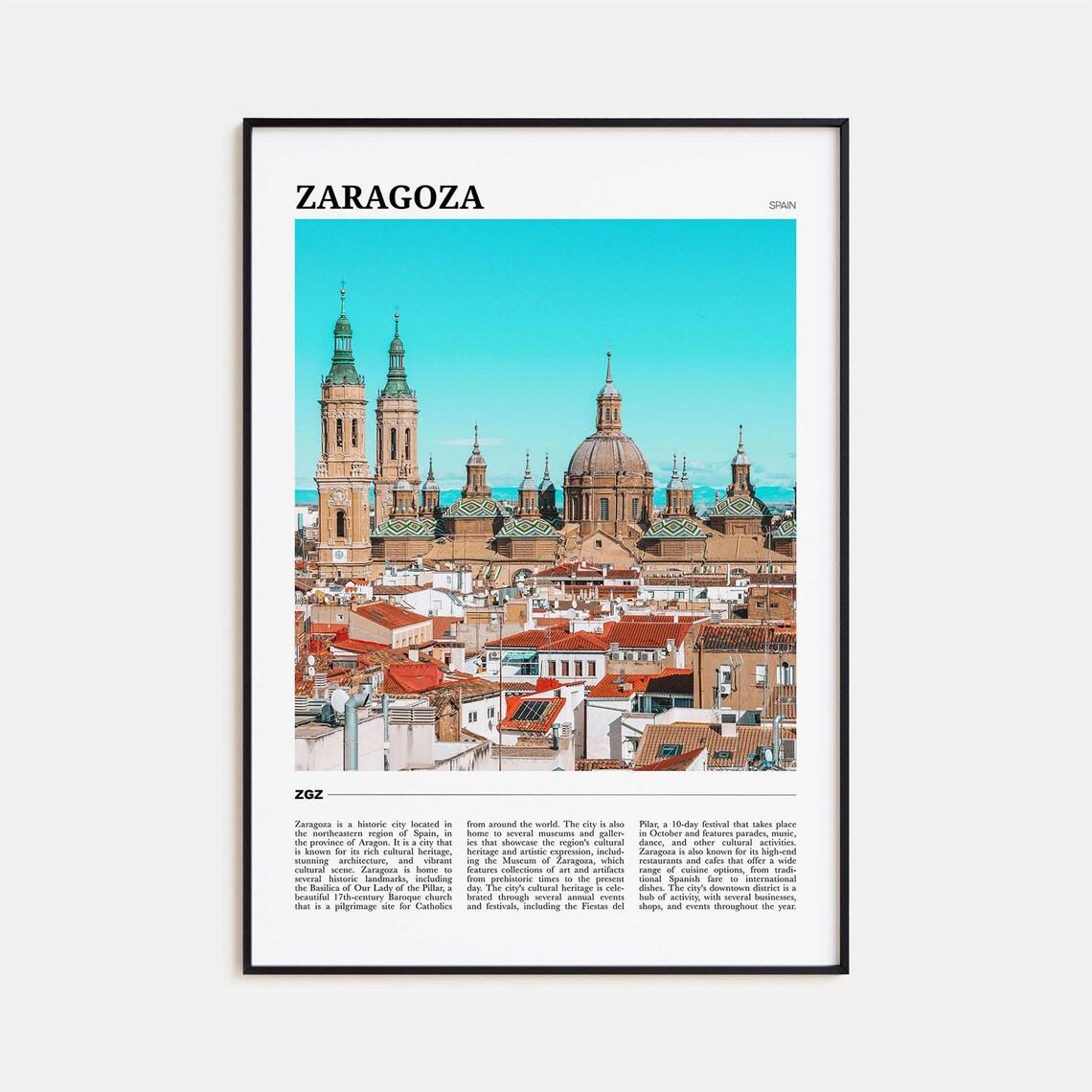 Zaragoza Spain Basilica Domes Baroque Rooftops Photo Travel Poster