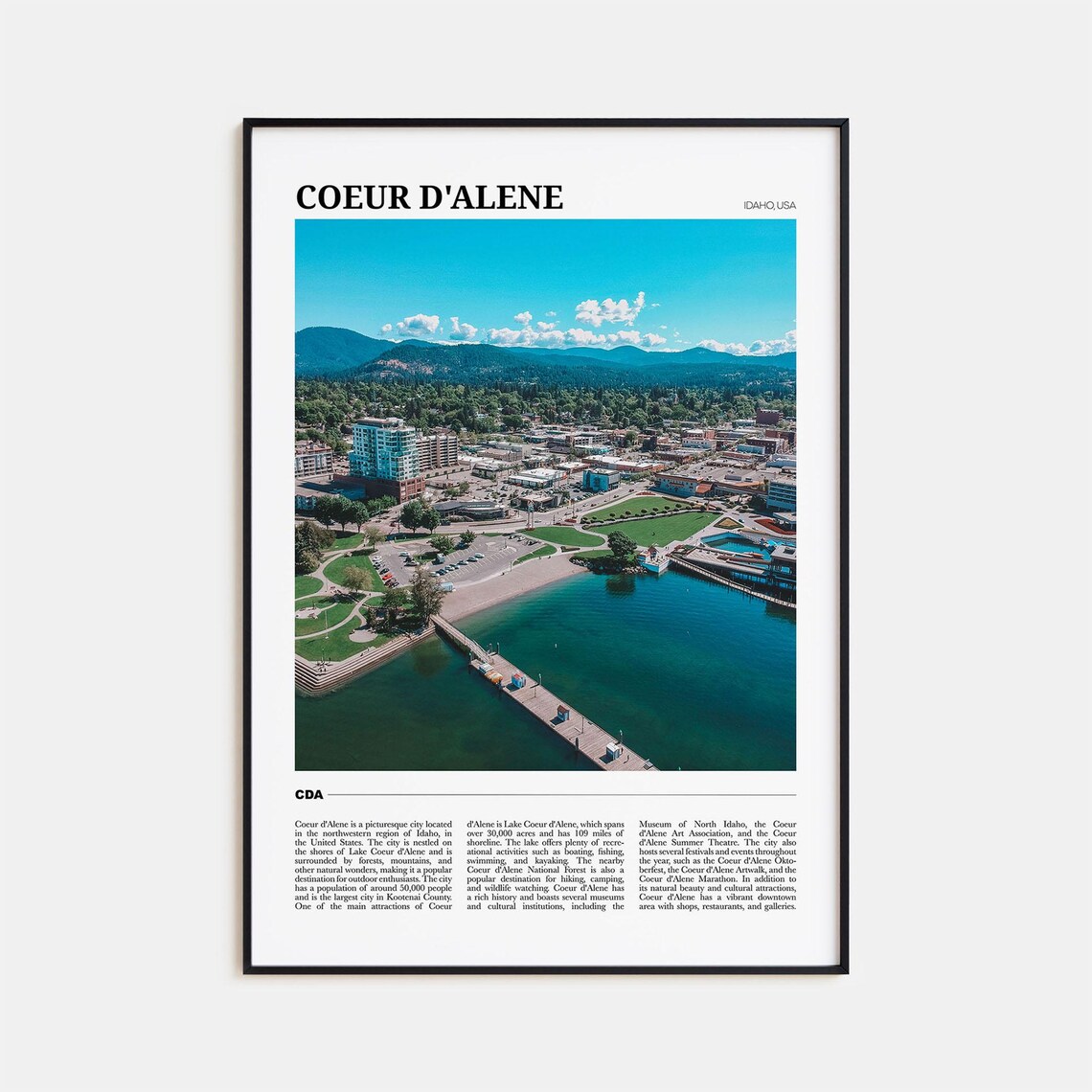 Coeur d'Alene Idaho Lakeside Town Aerial Travel Poster Photo Art