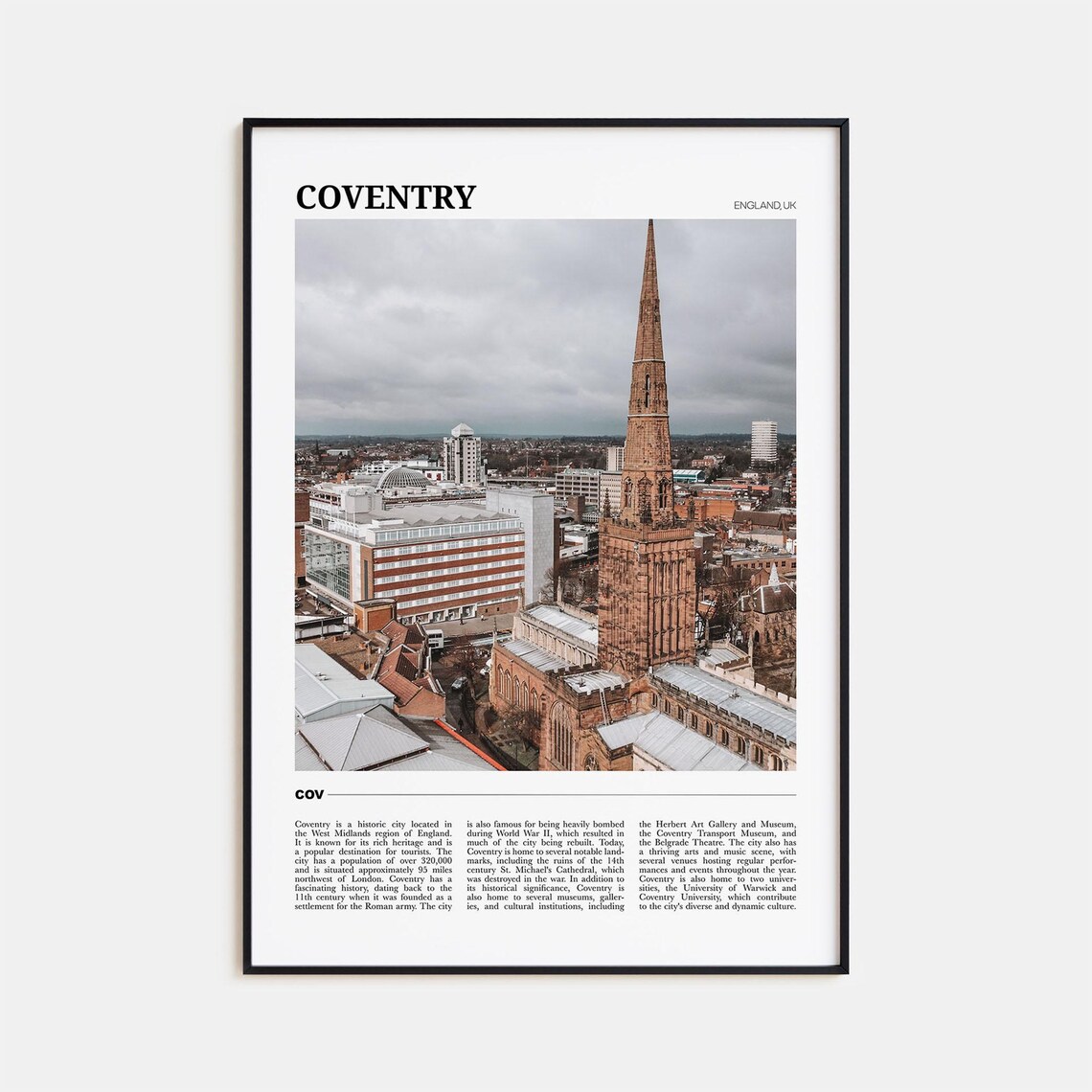 Coventry England Historic Cathedral Spire City Skyline Travel Poster