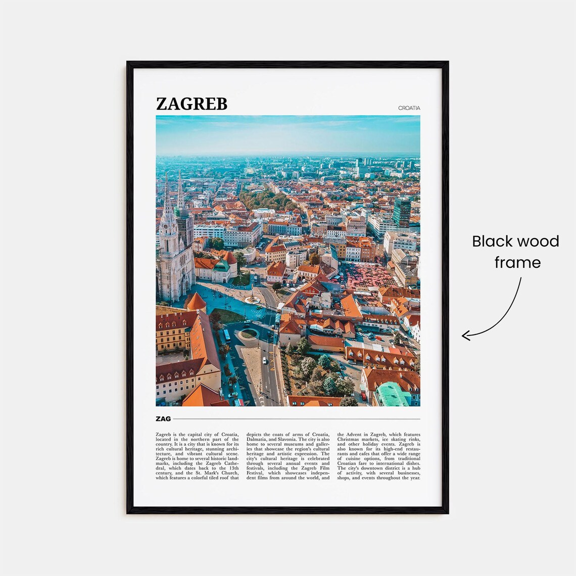 Zagreb Croatia Old Town Rooftops Cathedral Aerial View Travel Poster - Image 2