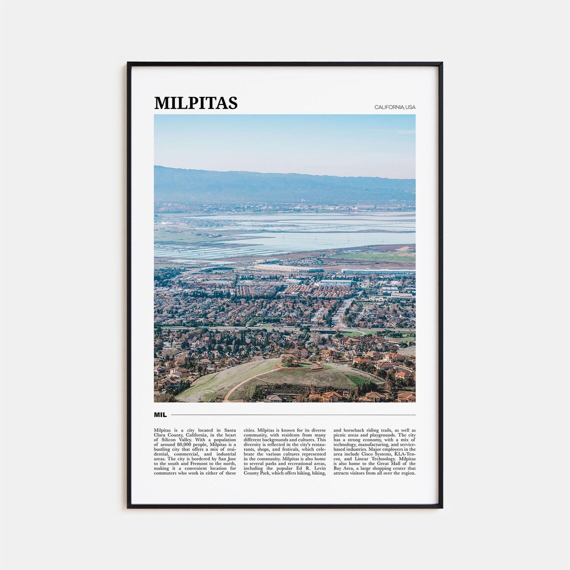 Milpitas California Silicon Valley City Aerial Travel Poster Series
