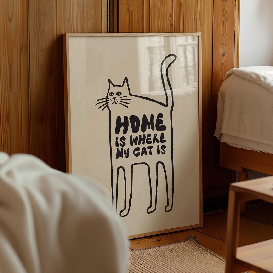 Hand Drawn Cat Poster Black Cream Naive Illustration Funny Typography Digital Download