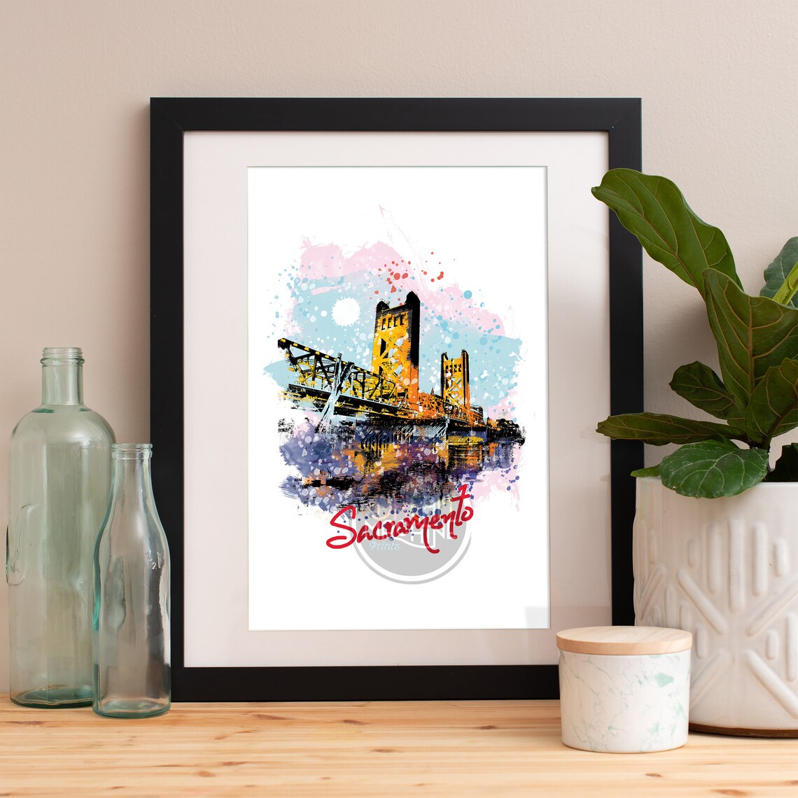 Sacramento Skyline, Watercolor Travel Poster