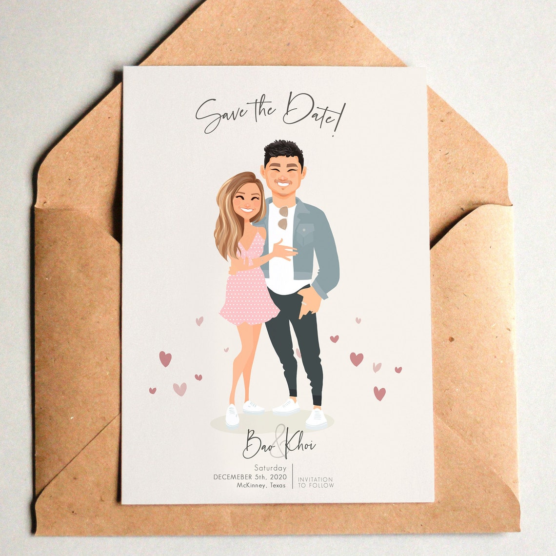 Custom Illustrated Save the Date Card for Bao and Khoi in Texas Poster