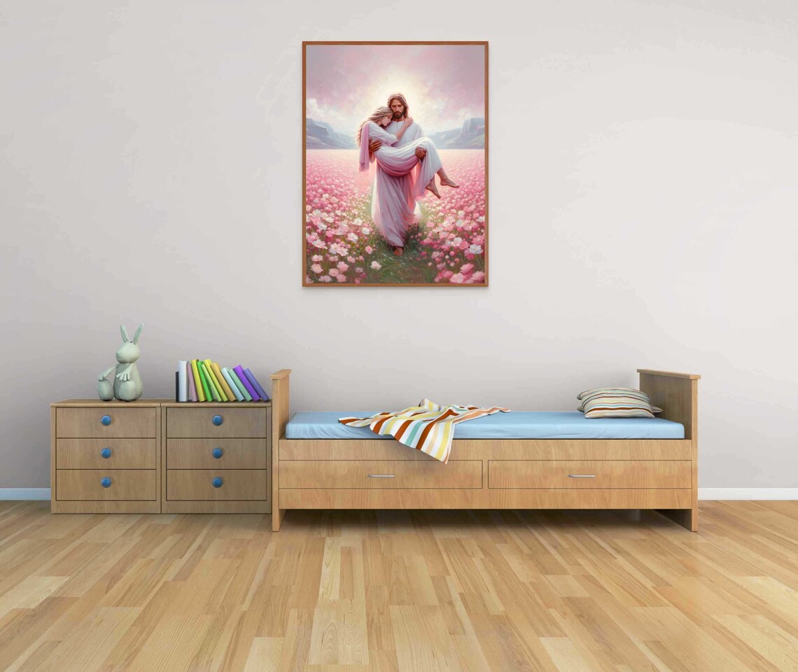 Jesus Carrying Woman Through Pink Flower Field Mountains Christian Poster - Image 5