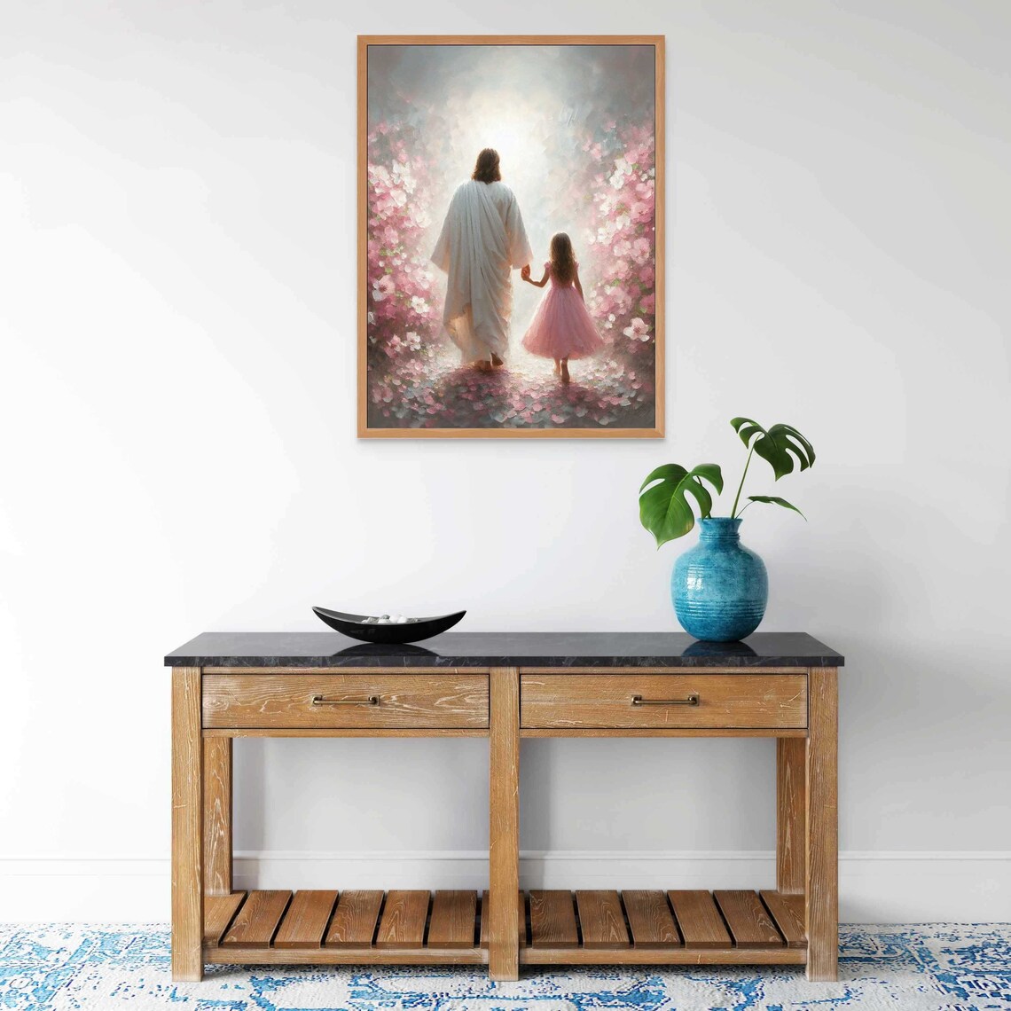 Jesus And Little Girl Walking Hand In Hand Into Heavenly Light Pink Blossom Poster - Image 6