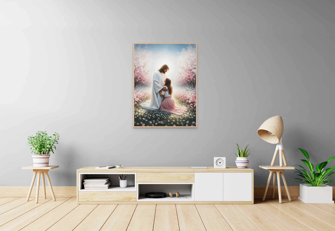 Jesus Comforting Little Girl Among Pink Blossom Trees Poster - Image 6