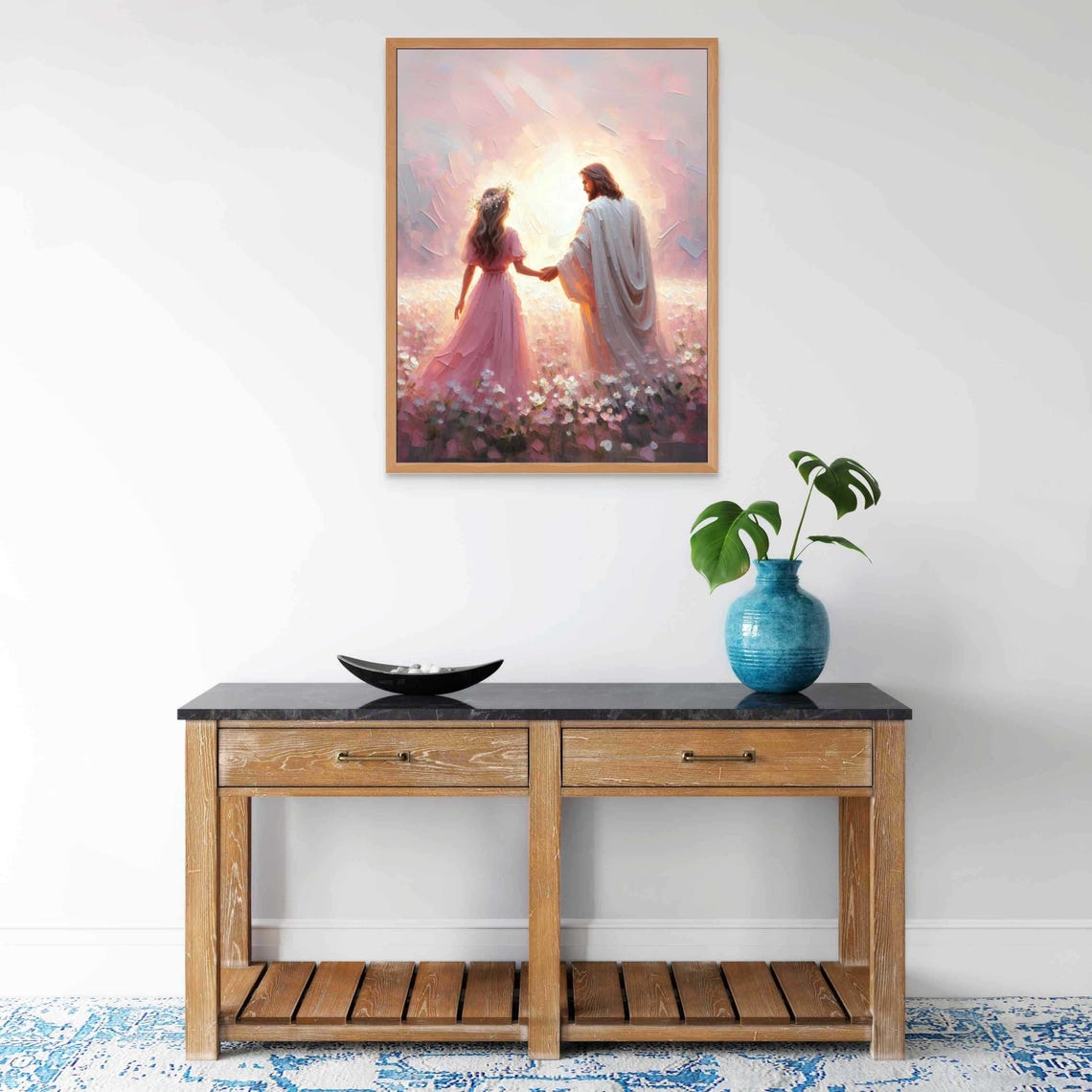 Jesus Christ Holding Girl's Hand Among Flowers in Glowing Light Poster - Image 6