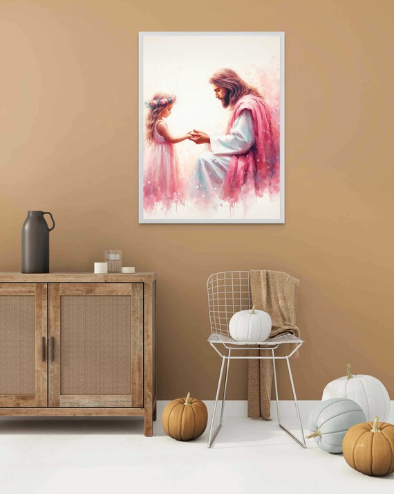 Jesus Kneeling With Girl Wearing Flower Crown Watercolor Poster