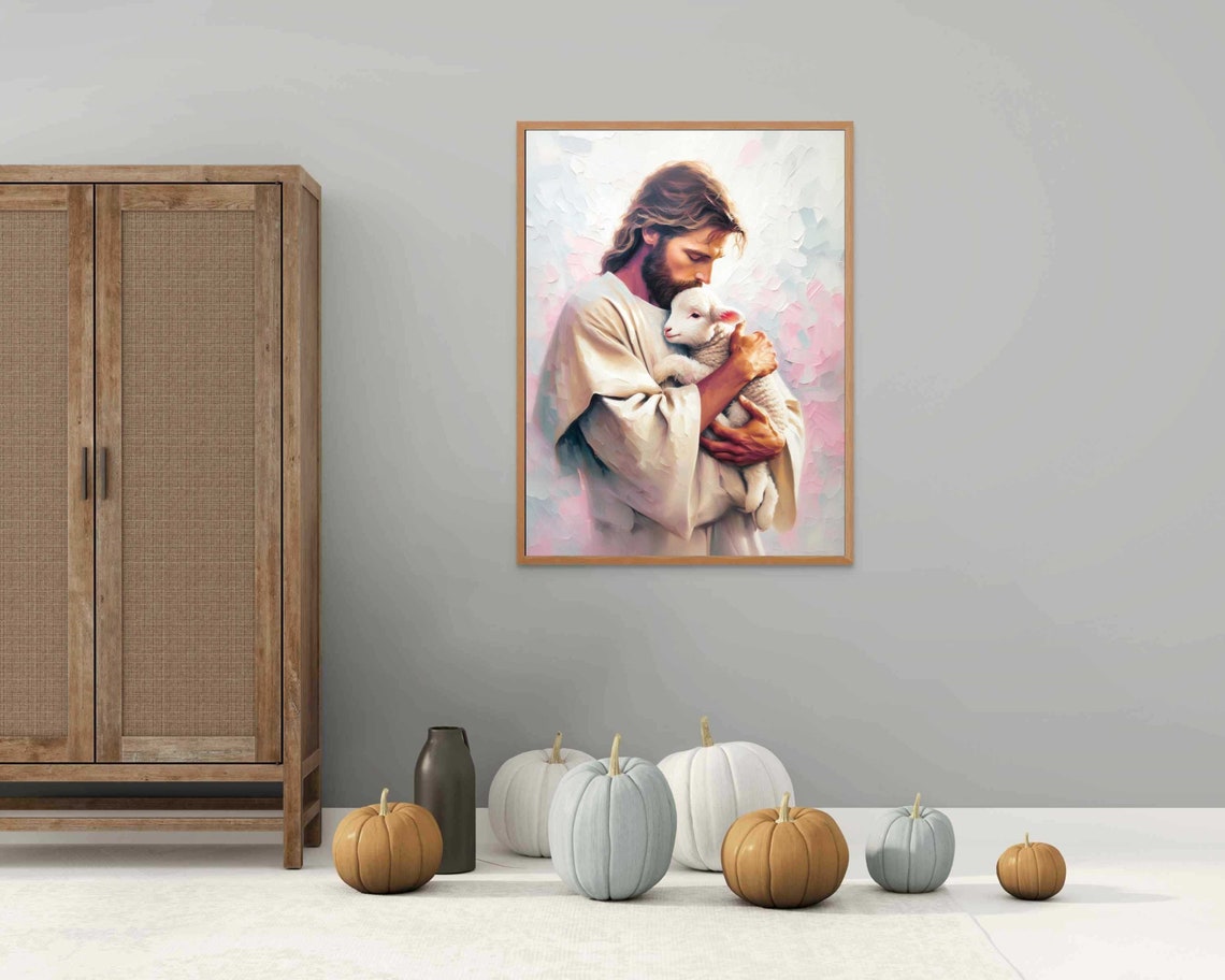 Jesus Cradling White Lamb in Cream and Pink Impasto Art Poster - Image 5