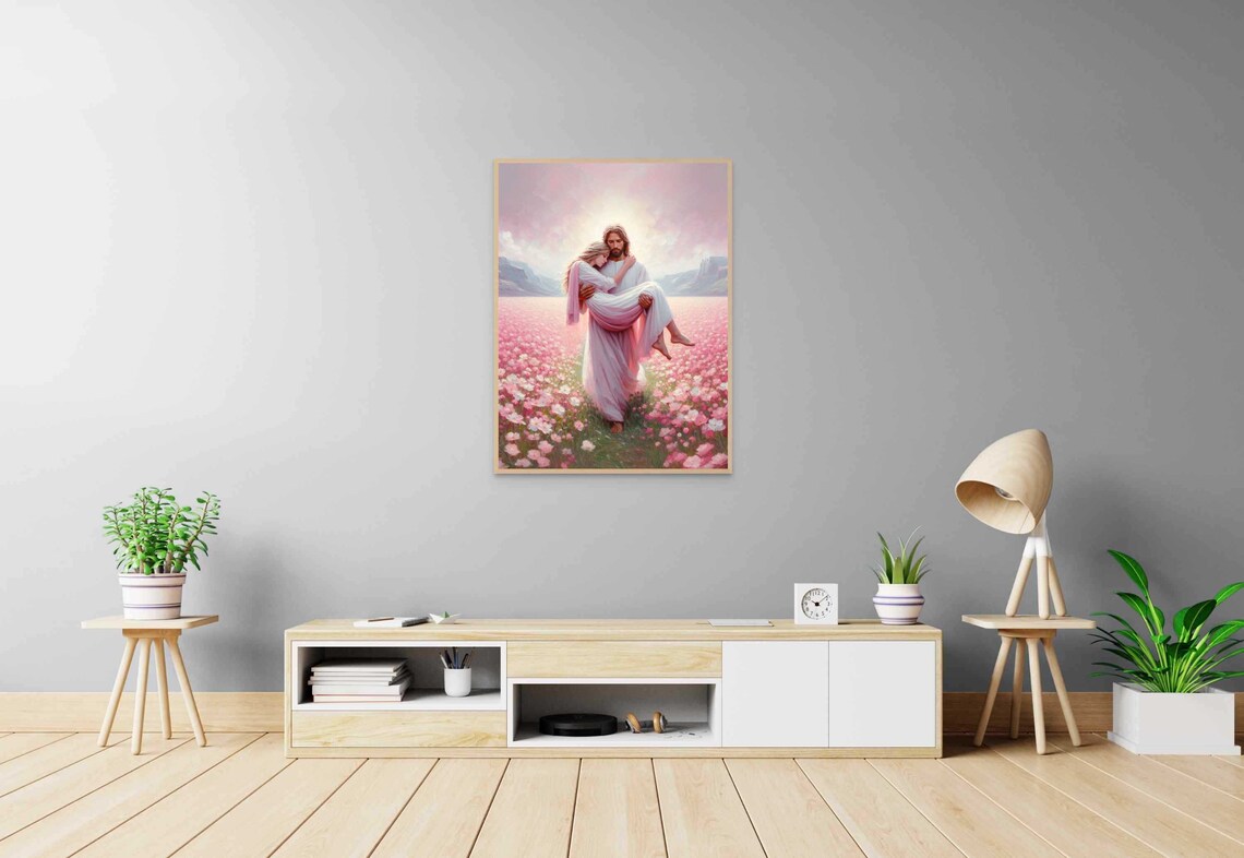 Jesus Carrying Woman Through Pink Flower Field Mountains Christian Poster - Image 6