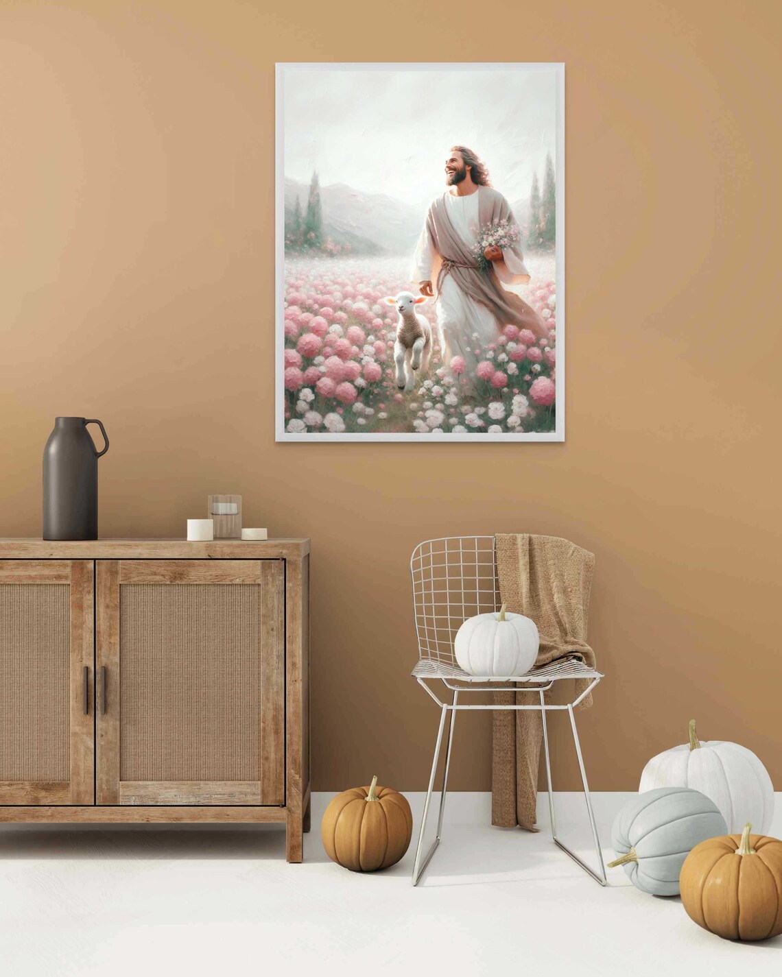 Jesus Good Shepherd Smiling Lamb Pink Flower Field Mountain Christian Print - Image 2