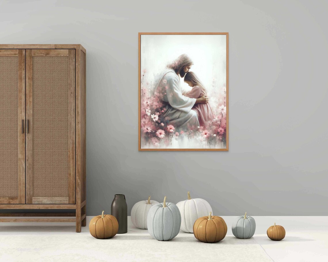 Jesus Embracing Girl Among Pink Blossoms Watercolor Art Poster - Image 4