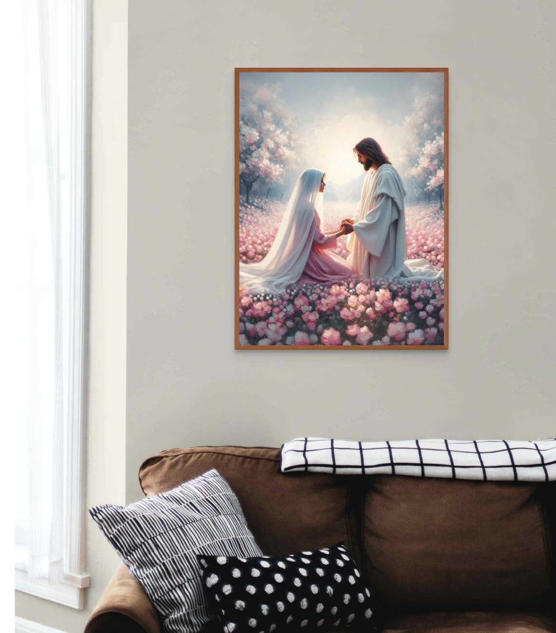 Jesus Holding Hands Veiled Woman Pink Flower Field Tender Christian Print - Image 5