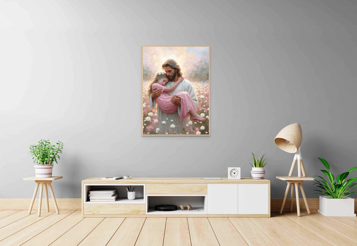 Jesus Carrying Little Girl Through White Daisy Field Christian Poster - Image 4