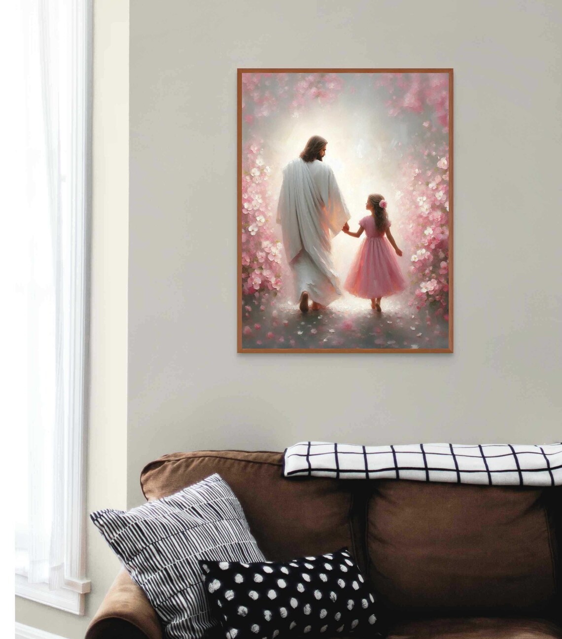 Jesus And Girl Walking Into Bright Light Pink Blossom Path Christian Poster - Image 4