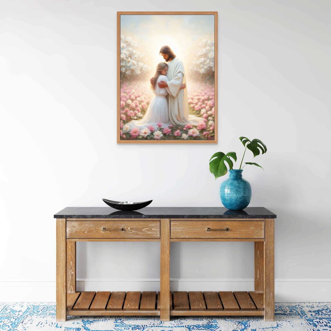 Jesus Embracing Girl in White Dress Among Pink Blossoms Poster - Image 3