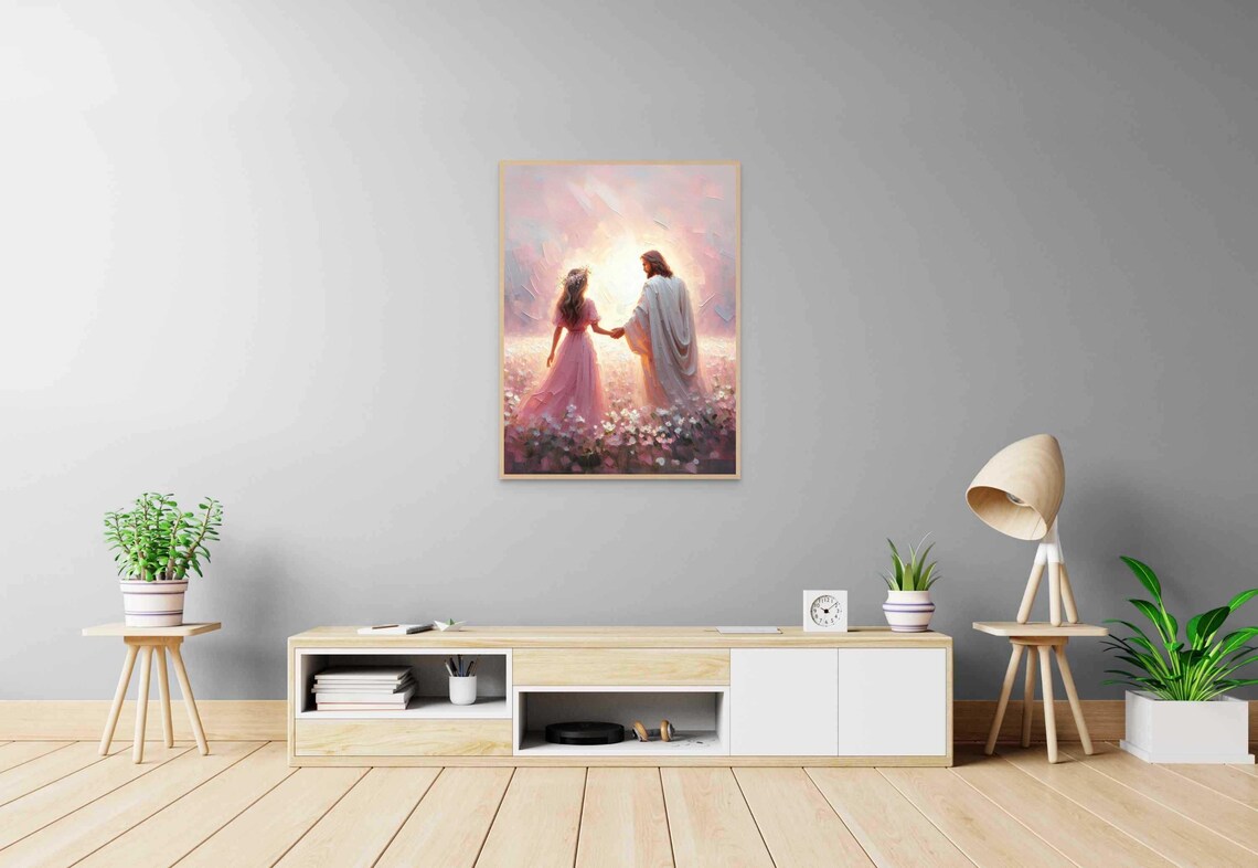 Jesus Christ Holding Girl's Hand Among Flowers in Glowing Light Poster - Image 5