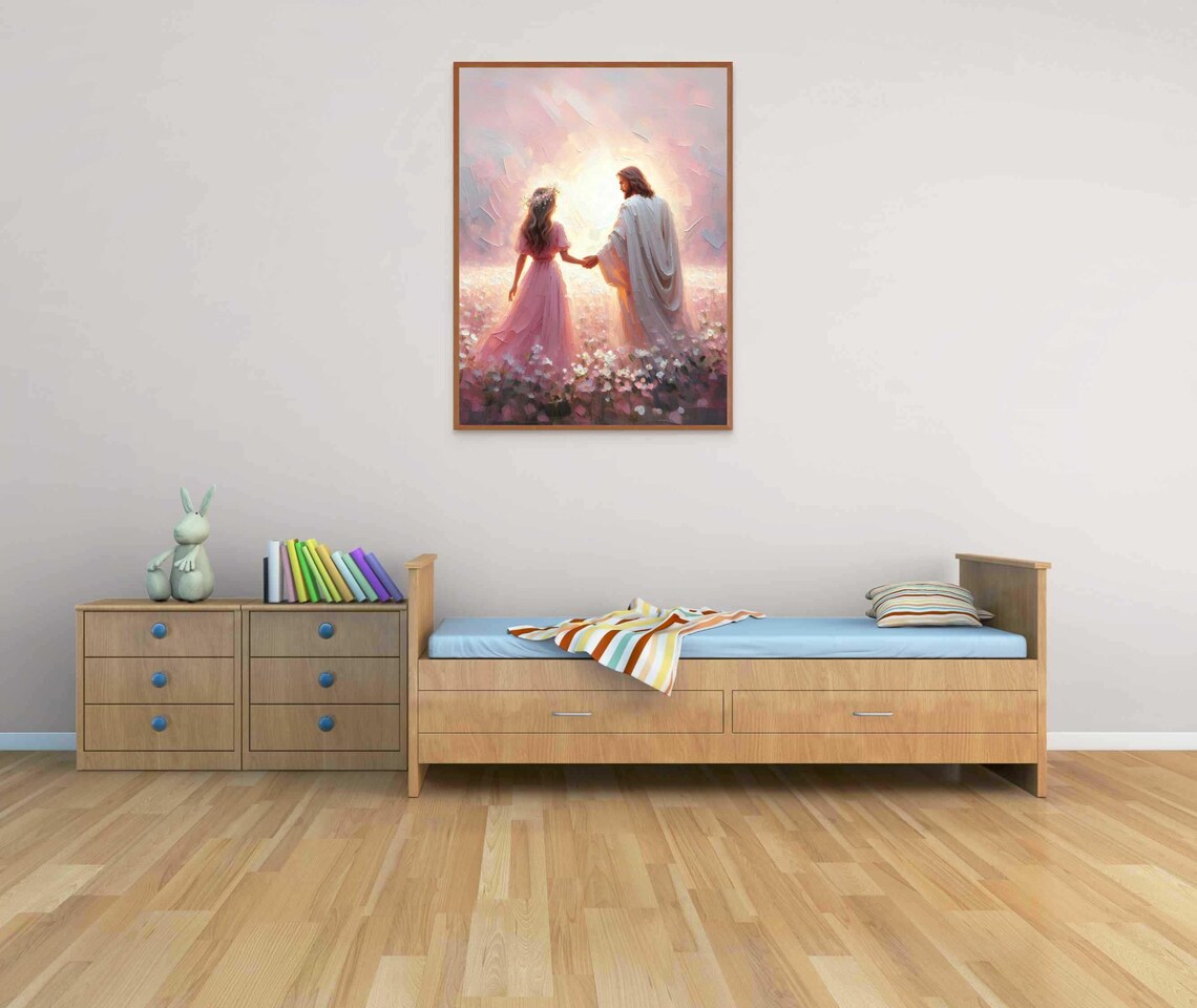 Jesus Christ Holding Girl's Hand Among Flowers in Glowing Light Poster - Image 2