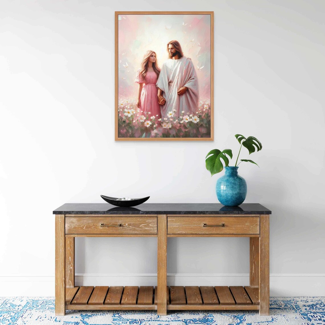 Jesus Walking Hand in Hand With Woman Among Daisies Art Poster - Image 7