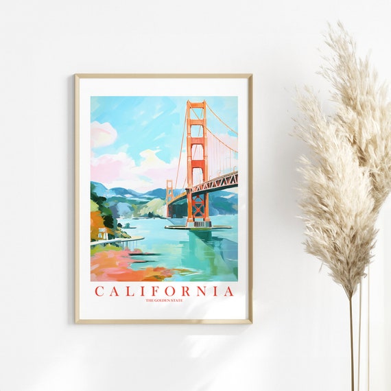 Travel Poster Retro Pink Teal Orange Golden Gate Bridge Print Dorm Kitchen Bedroom Instant