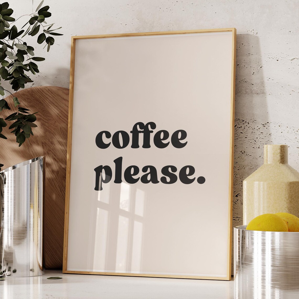 'Coffee Please' Retro Script Poster, Beige Framed Trendy Minimal Kitchen Decor Art